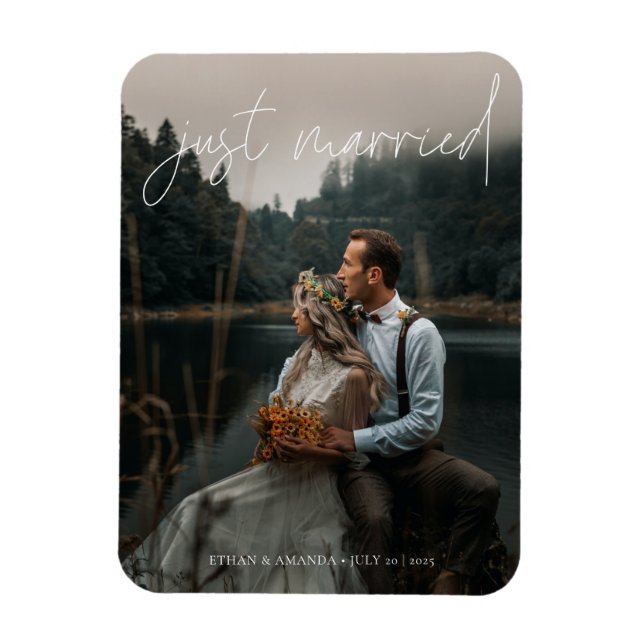 Modern Calligraphy Just Married Photo Elopement An Magnet (Vertical)