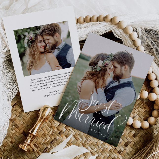 Modern Calligraphy Just Married Wedding Photo Announcement (Creator Uploaded)