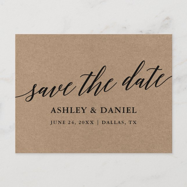 Modern Calligraphy Kraft Save The Date Postcard (Front)