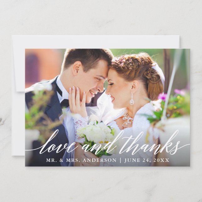 Modern Calligraphy Love and Thanks Wedding Thank You Card (Front)