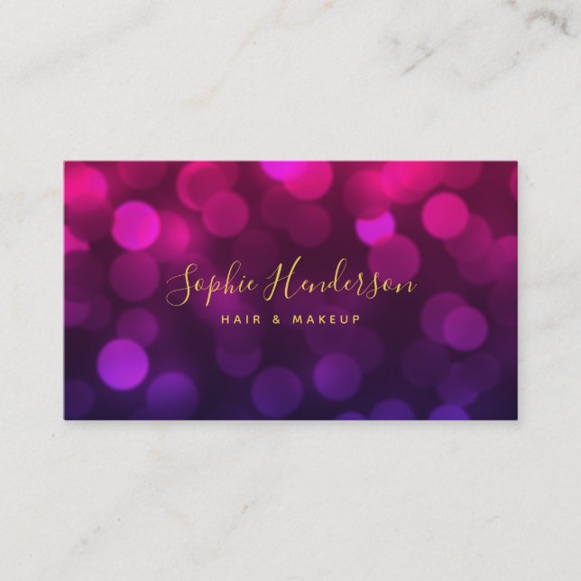 Modern Calligraphy Magenta Blue Bokeh Lights Business Card (Front)