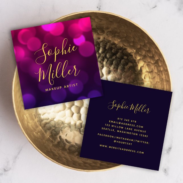 Modern Calligraphy Magenta Blue Bokeh Lights Square Business Card (Creator Uploaded)