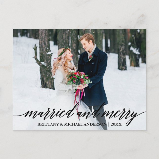 Modern Calligraphy Married and Merry Wedding Photo Postcard (Front)