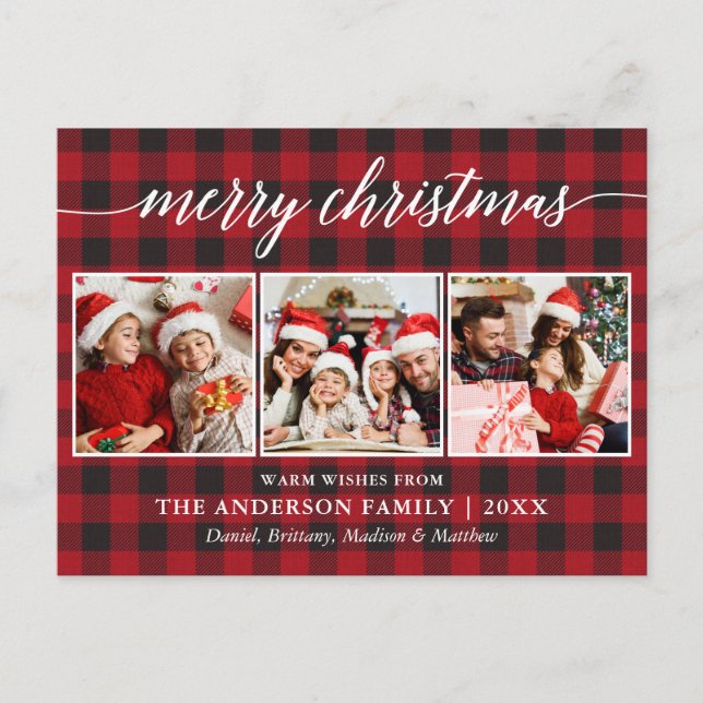 Modern Calligraphy Merry Christmas 3 Photo Plaid Postcard (Front)