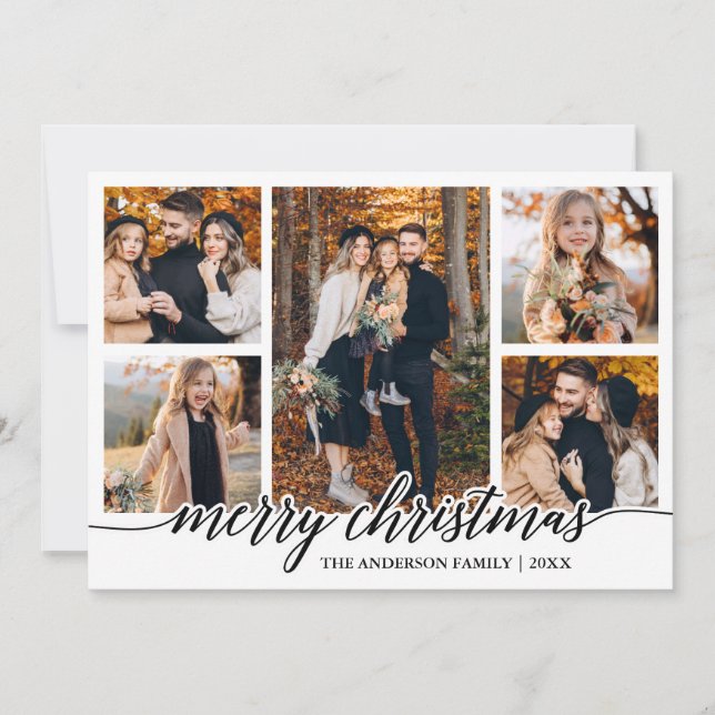 Modern Calligraphy Merry Christmas 5 Photo Collage Holiday Card (Front)