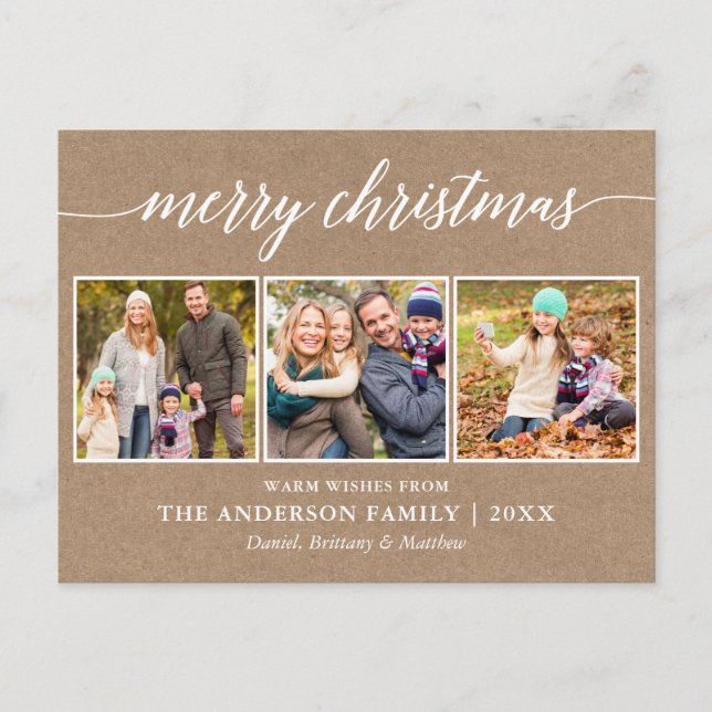 Modern Calligraphy Merry Christmas Kraft 3 Photo Postcard (Front)