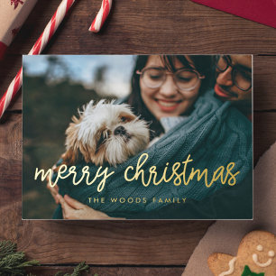 Modern calligraphy Merry Christmas photo Foil Holiday Postcard