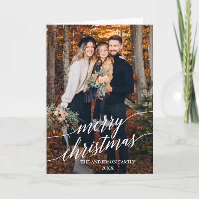 Modern Calligraphy Merry Christmas Photo Fold Holiday Card (Front)
