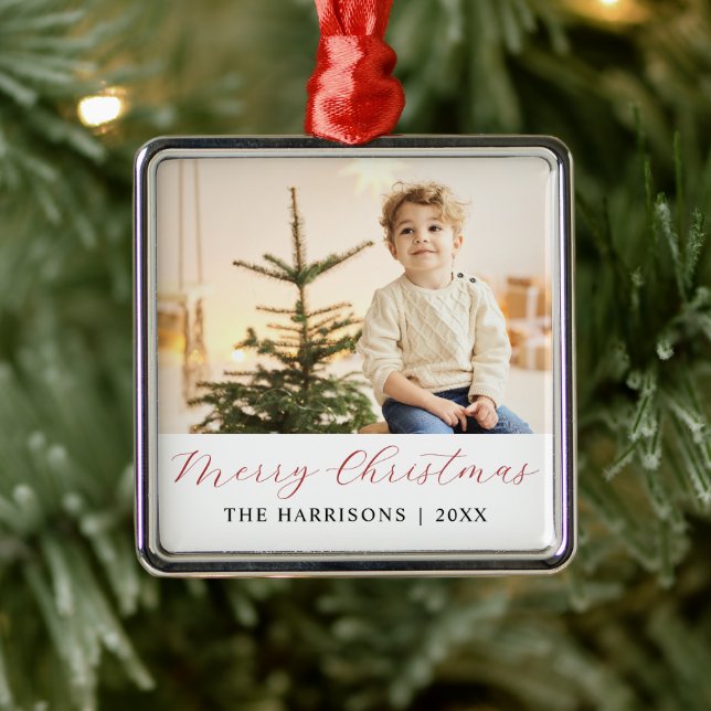 Modern Calligraphy Merry Christmas Photo Metal Ornament (Tree)