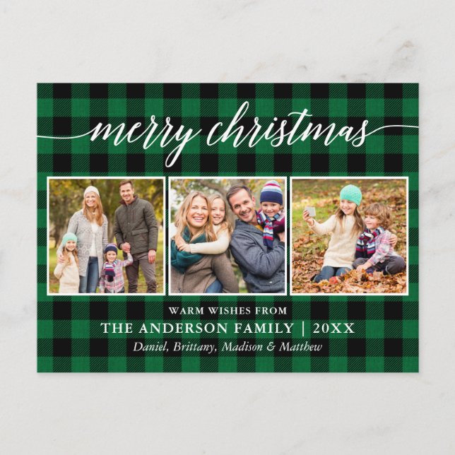 Modern Calligraphy Merry Christmas Plaid 3 Photo Postcard (Front)