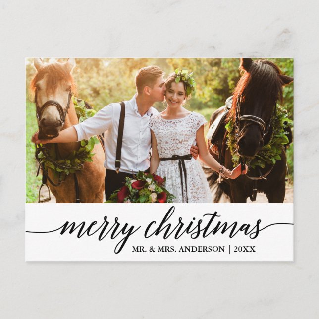 Modern Calligraphy Merry Christmas Wedding Photo Postcard (Front)