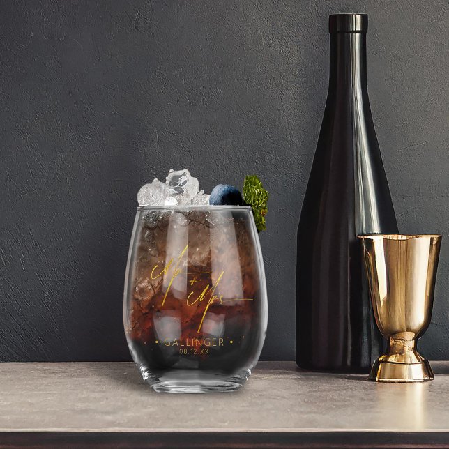 Modern Calligraphy Mr & Mrs Gold ID1025 Stemless Wine Glass (Creator Uploaded)