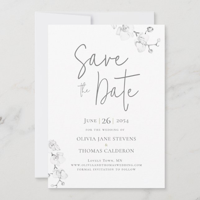Modern Calligraphy Orchids Wedding Save the Date Invitation (Front)