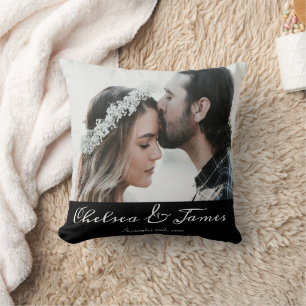 Modern Calligraphy Overlap Photo Couple Wedding Throw Pillow