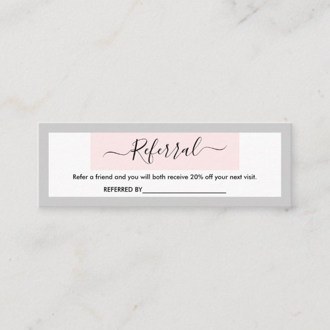 Modern Calligraphy Pastel Pink & Light Grey Refer Mini Business Card (Front)