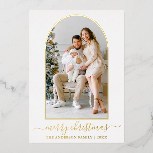Modern Calligraphy Photo Arch Christmas Gold Foil Holiday Card (Front)