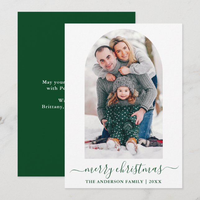 Modern Calligraphy Photo Arch Christmas Green Holiday Card (Front/Back)