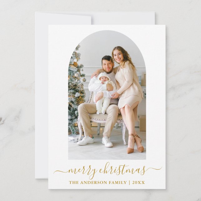 Modern Calligraphy Photo Arch Gold Christmas Holiday Card (Front)