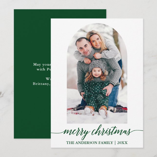 Modern Calligraphy Photo Arch Green Christmas Holiday Card (Front/Back)