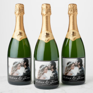 Modern Calligraphy Photo Black & White Wedding  Sparkling Wine Label