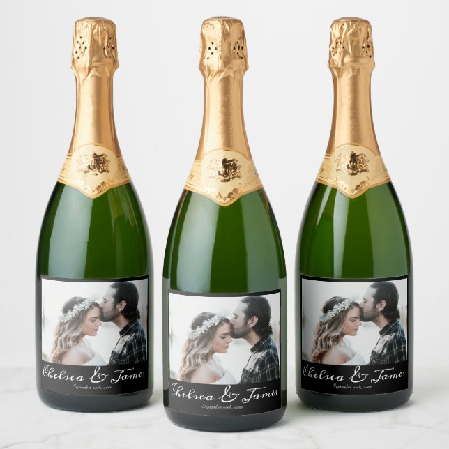 Modern Calligraphy Photo Black & White Wedding  Sparkling Wine Label (Bottles)