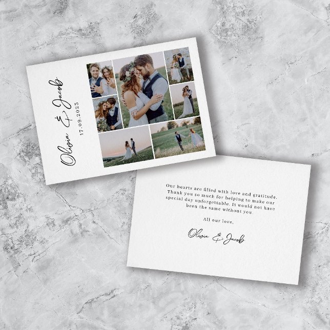 Modern Calligraphy Photo Collage Wedding Thank You Card (Creator Uploaded)