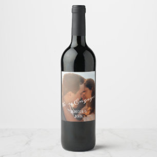 Modern Calligraphy Photo Engagement Party Favour Wine Label