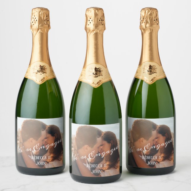 Modern Calligraphy Photo Engagement Sparkling Wine Label (Bottles)