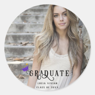 Modern Calligraphy Photo Graduation  Classic Round Sticker