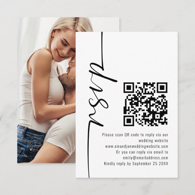 Modern Calligraphy Photo QR Code Wedding RSVP  Card (Front/Back)