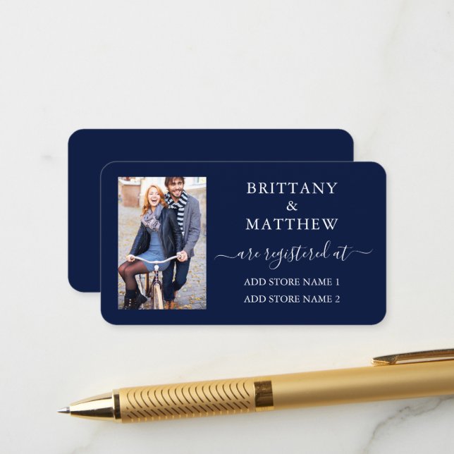 Modern Calligraphy Photo Wedding Registry Blue Enclosure Card (Front/Back In Situ)