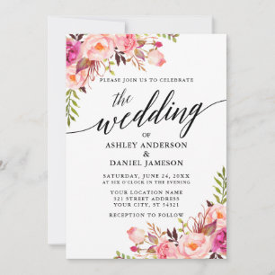 Modern Calligraphy Pink Blush Floral Wedding Invitation
