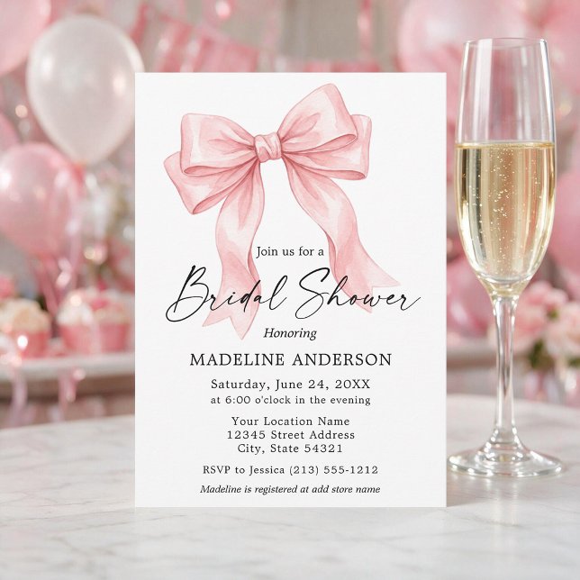 Modern Calligraphy Pink Bow Bridal Shower Invitation (Customize to add text to back of card.)