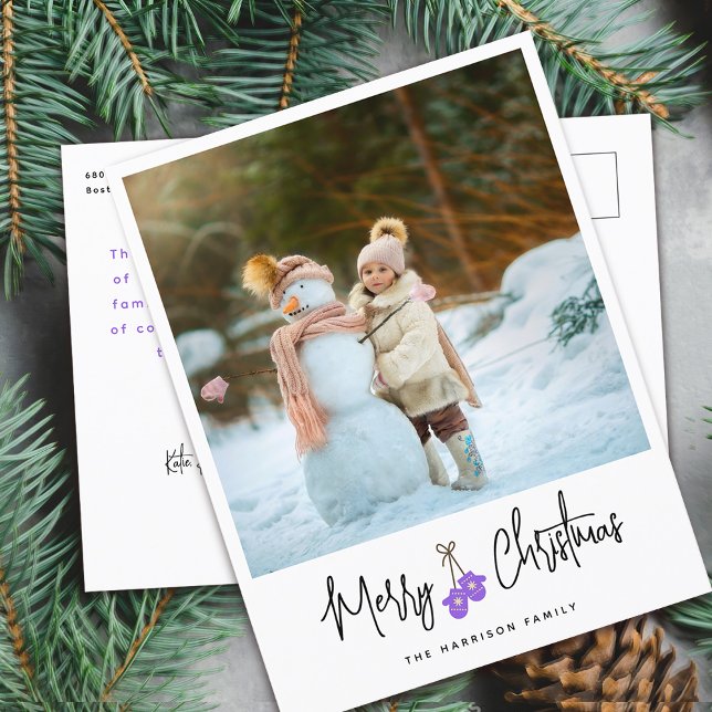 Modern Calligraphy Purple Mittens Photo Holiday Postcard (Modern Calligraphy Purple Mittens Photo Holiday Postcard)