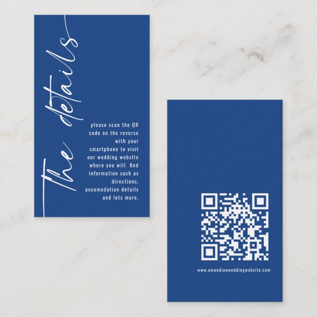 Modern Calligraphy QR Code Blue Wedding Details Enclosure Card (Front/Back)