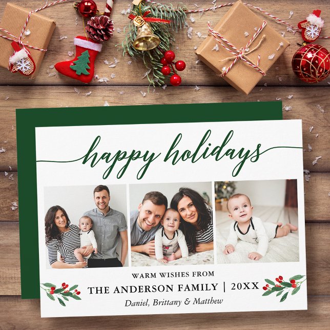 Modern Calligraphy Red Holly 3 Photo Green Holiday Card (Customize to add text to back or to change color of back of card.)