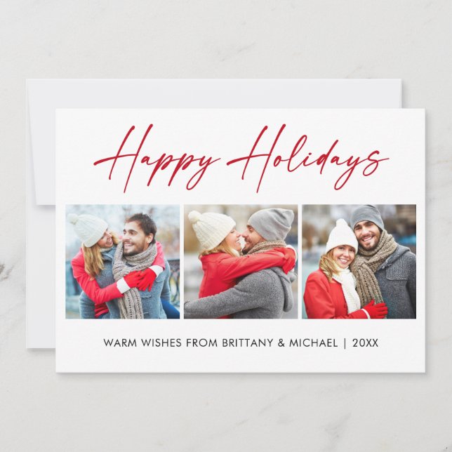Modern Calligraphy Red Ink 3 Photo Couple Holiday Card (Front)