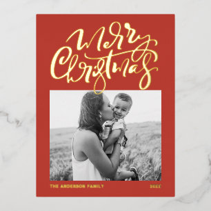 Modern Calligraphy Red Merry Christmas Photo Foil Holiday Postcard