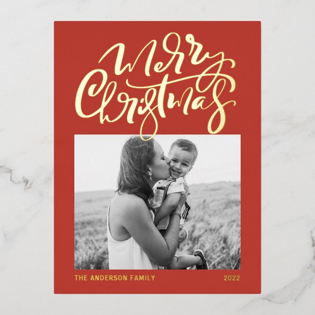 Modern Calligraphy Red Merry Christmas Photo Foil Holiday Postcard (Front)