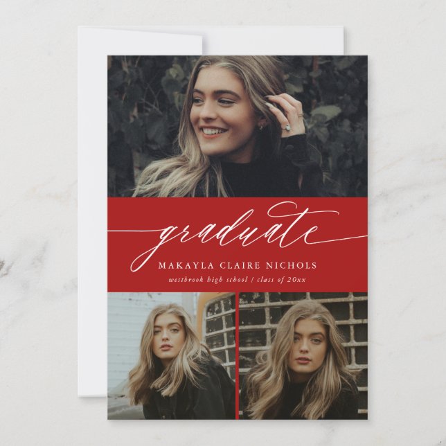 Modern Calligraphy Red Three Photo Graduation Invitation (Front)