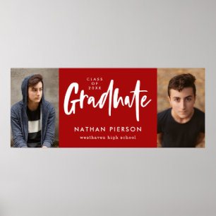 Modern Calligraphy Red Two Photo Graduation Poster