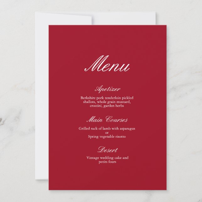 Modern Calligraphy Red Wedding Menu Invitation (Front)
