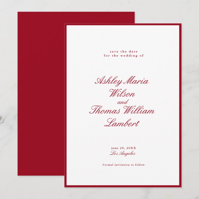 Modern Calligraphy Red Wedding Save the Date Invitation (Front/Back)