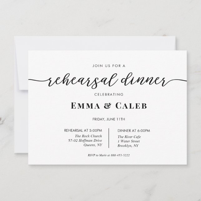 Modern Calligraphy Rehearsal Dinner invitation (Front)