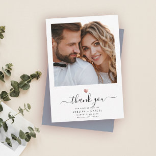 Modern Calligraphy Rose Gold Heart Wedding Photo T Thank You Card