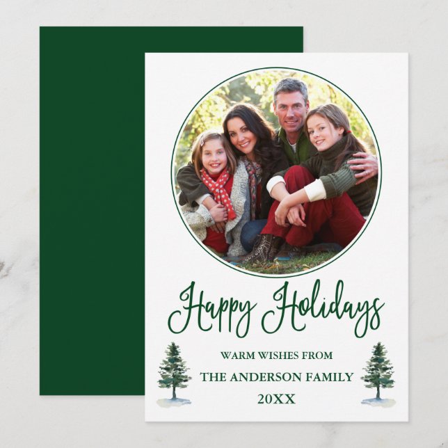 Modern Calligraphy Round Photo Frame Green Pines Holiday Card (Front/Back)