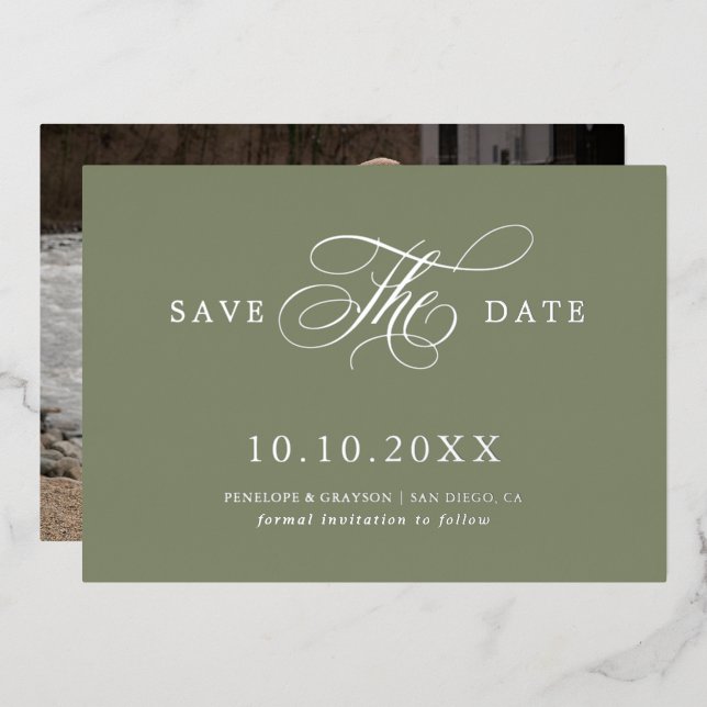 Modern calligraphy Sage Green Silver Save the Date (Front/Back)