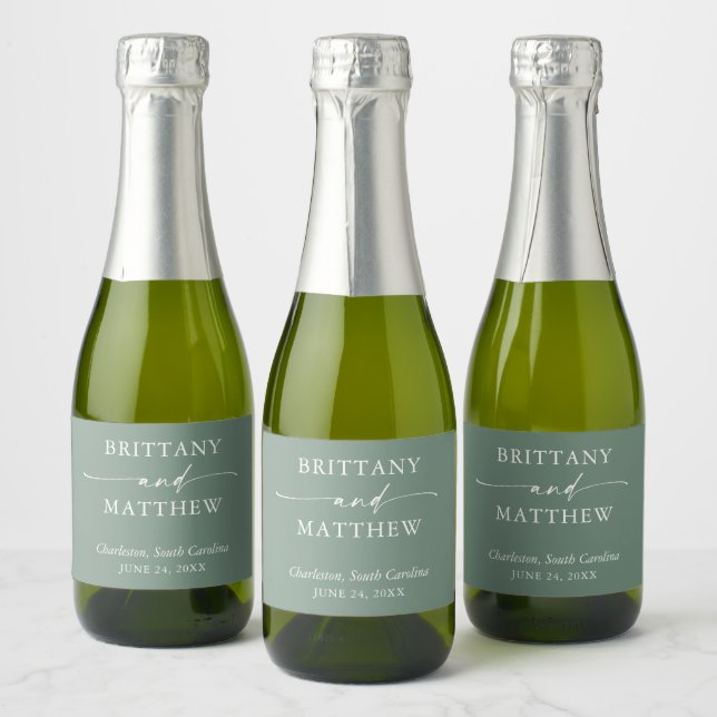 Modern Calligraphy Sage Green Wedding Mini Sparkling Wine Label (Bottles)