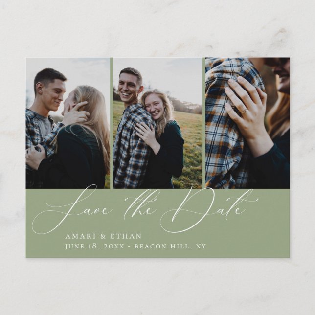 Modern Calligraphy Sage Multi-Photo Save the Date Announcement Postcard (Front)