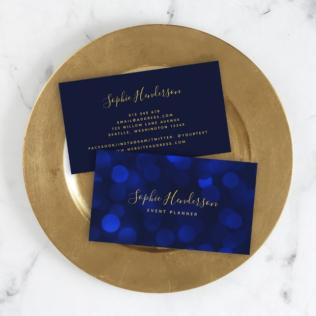 Modern Calligraphy Sapphire Blue Bokeh Lights Business Card (Creator Uploaded)